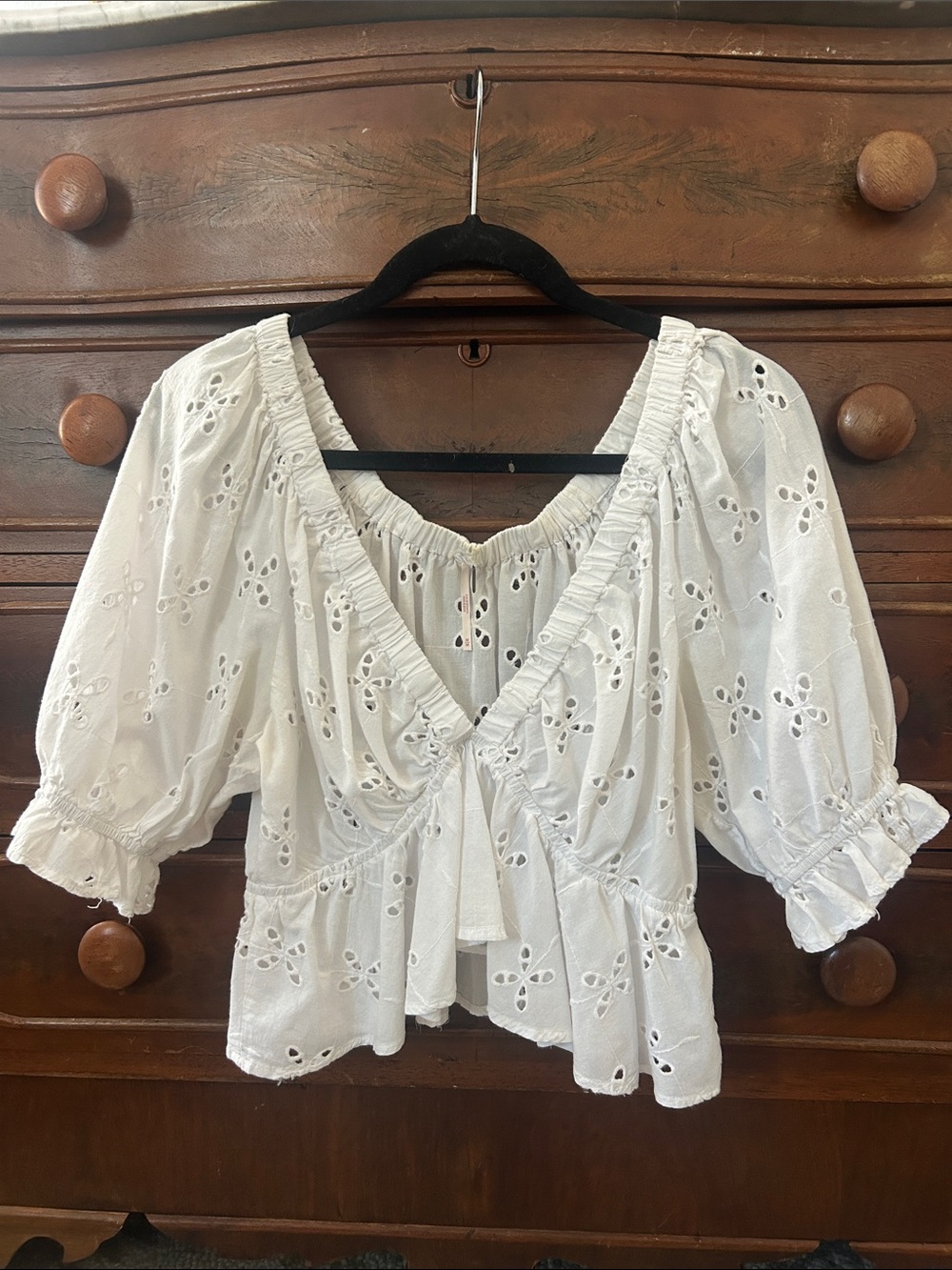 White Eyelet Embroidered Ruffle Blouse